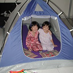 Robyn and Denise camping indoor