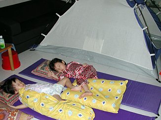 Robyn and Denise camping indoor