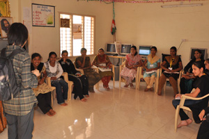 Jin addressing the youth at the end of a class in another DKP computer training centre in JJR Nagar
