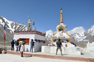 Gompa at the Kunzum La Pass at 4551m with a spectacular view of the Bara Shigri Glacier.