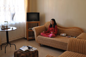 Robyn doing her morning kriya at the lounge.